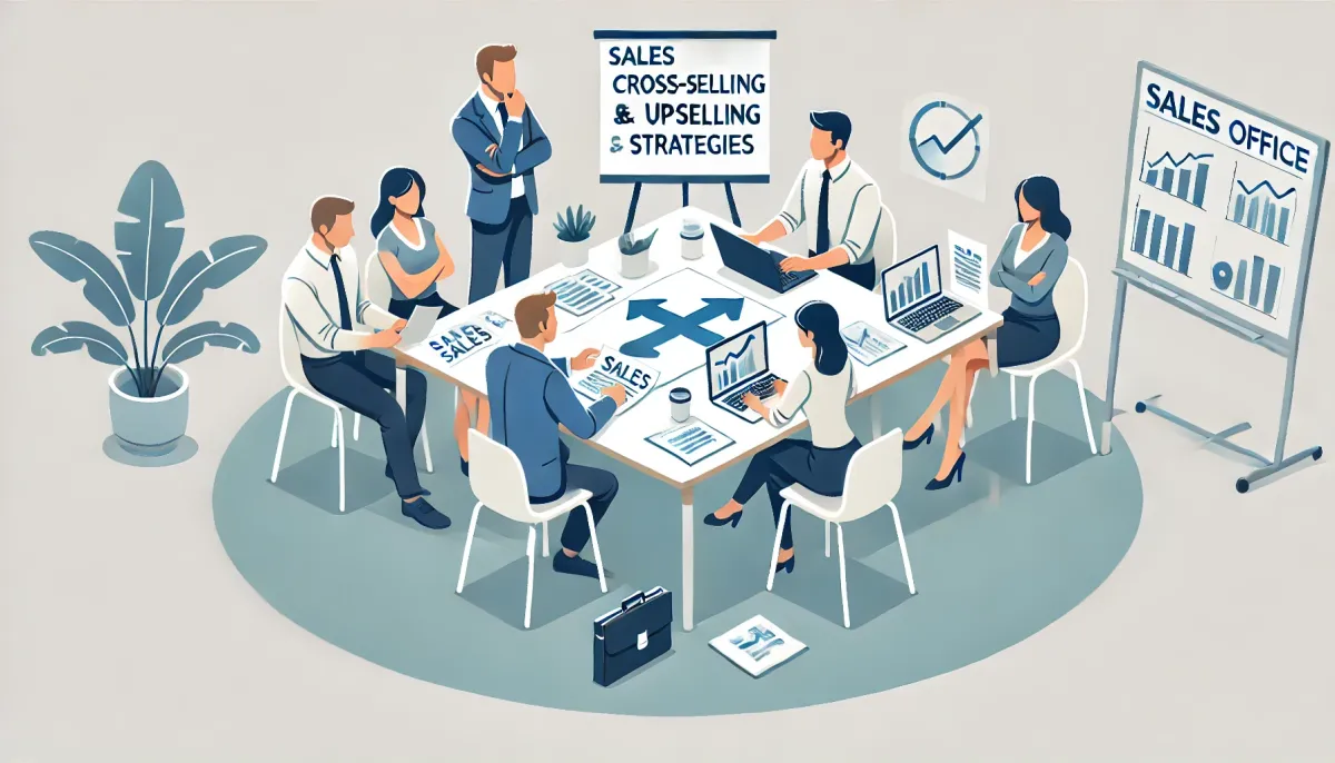 DALL·E 2024-11-01 10.59.04 - A business office setting where a sales team is casually discussing cross-selling and upselling strategies. The scene shows people collaborating arounのコピー