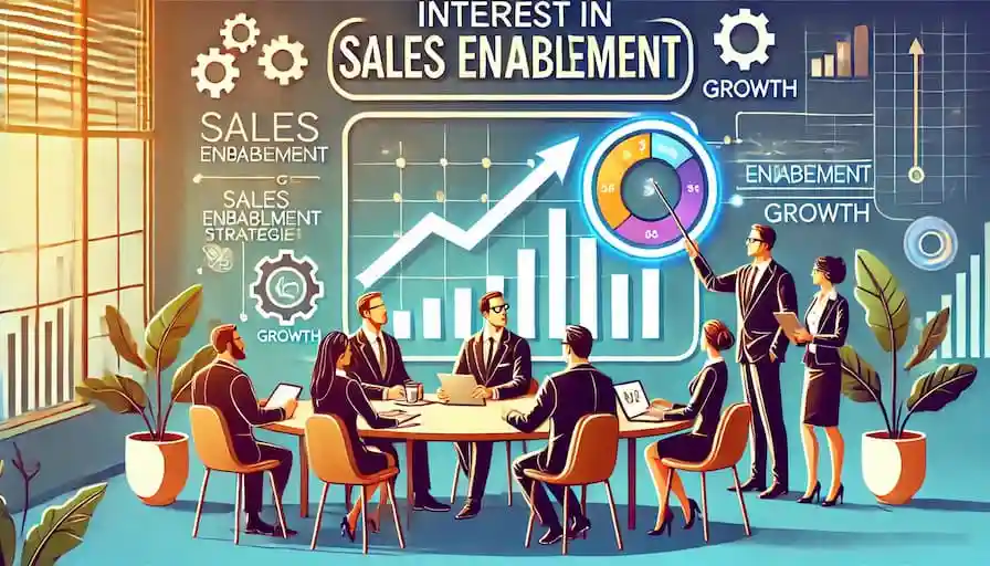 DALL·E 2024-11-25 13.10.22 - Create an illustration visualizing interest in sales enablement. Depict a modern business meeting with executives discussing strategies, a graph showi (1)